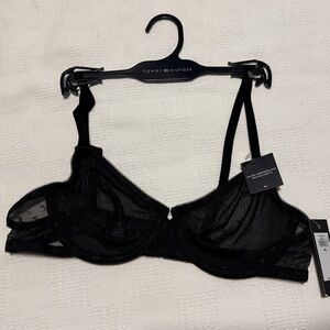Tommy Hilfiger Unlined Underwire Logo Mesh Balconette Black Bra, 34A